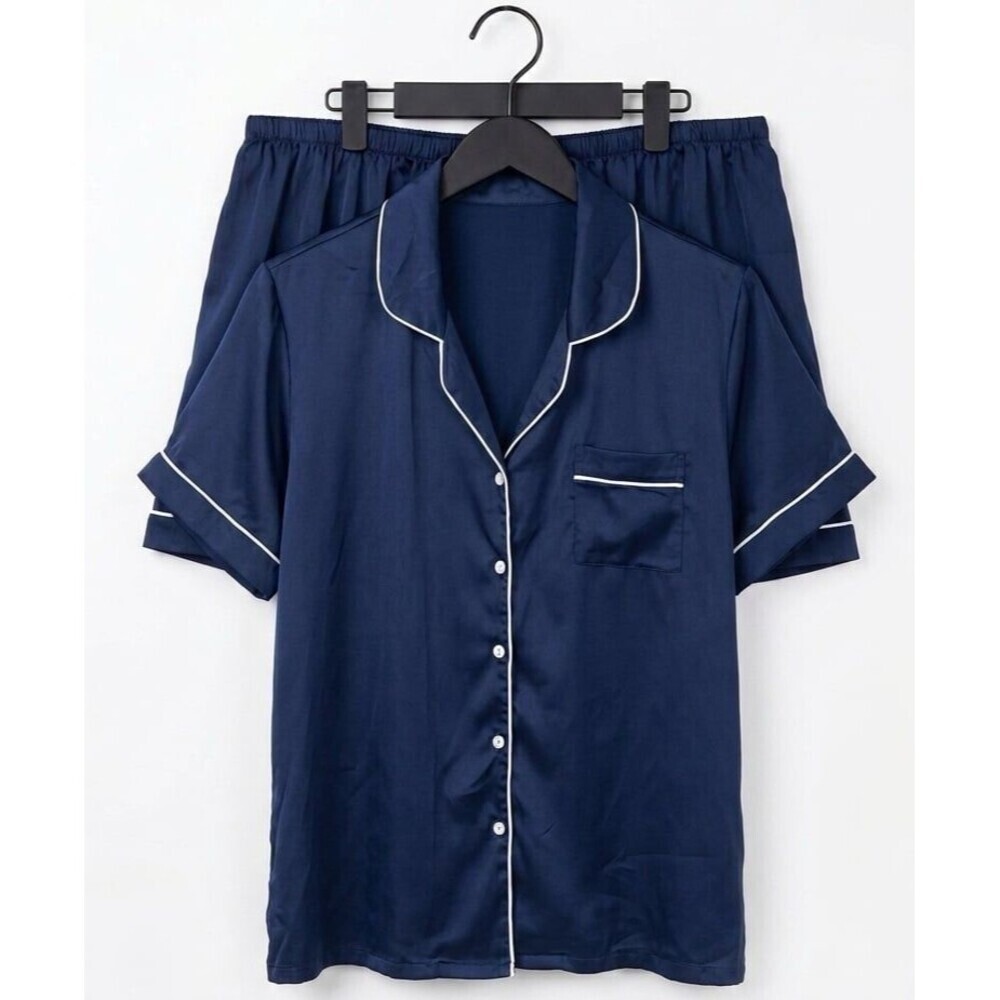 Lillusory 2-Piece Satin Pajama Set in a deep navy blue with classic white contra